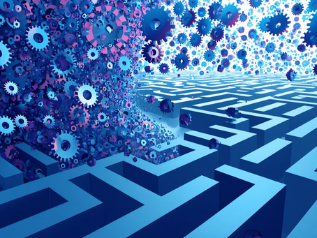 A swarm of cogs that represent the skills of early talent, having to navigate and compete in the maze of the current labour market.