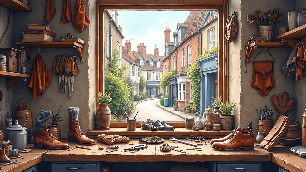 Eye-level view of a cobbler’s workshop with tools and leather materials