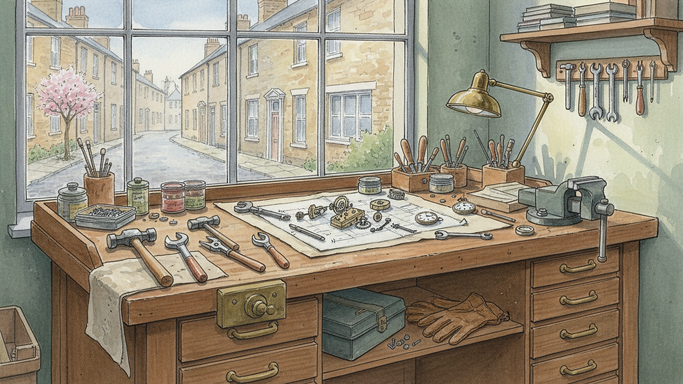 Eye-level view of a technician working on a car engine in a clean workshop