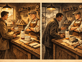 Side-by-side comparison of a satisfied and dissatisfied customer returning to the same cobbler workshop, highlighting accountability in independent shoe repair.