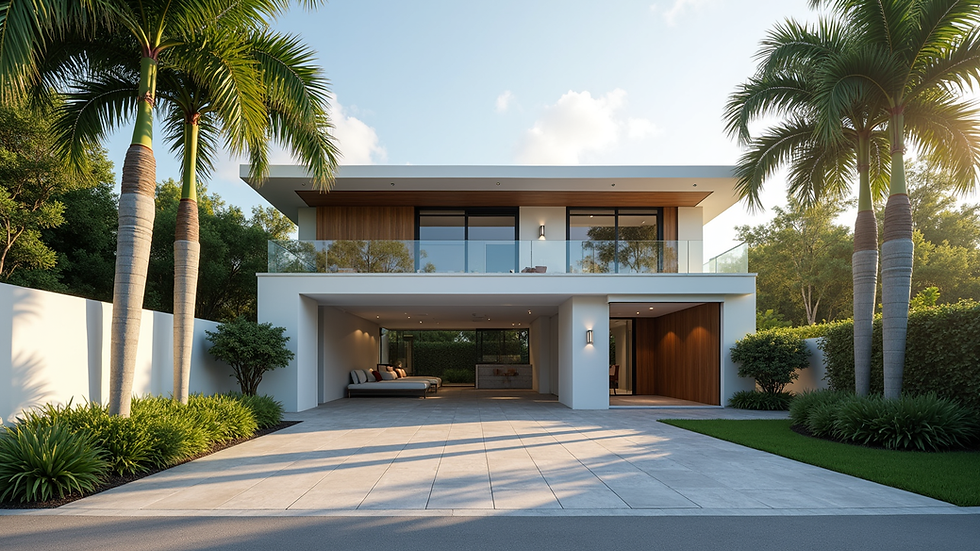 Eye-level view of a modern Miami home exterior with palm trees