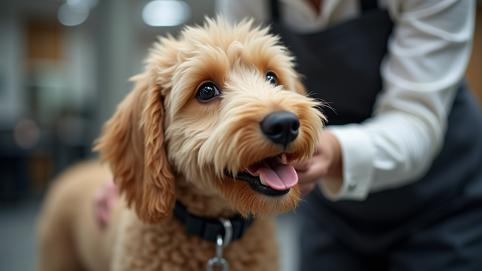 Close-up view of a Goldendoodle being groomed before a show