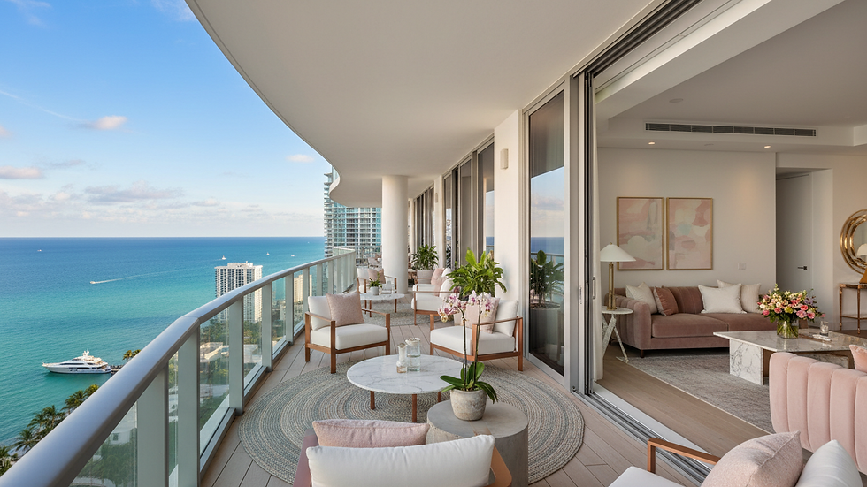 Close-up view of a modern Miami condo balcony overlooking the ocean