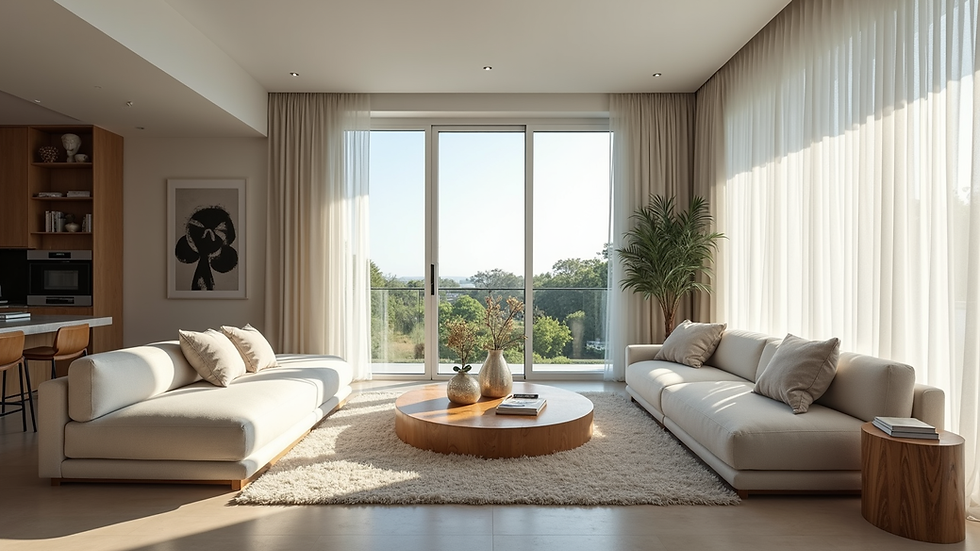 Wide angle view of a beautifully staged Miami living room with natural light
