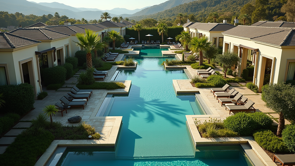 High angle view of gated luxury community with lush greenery and swimming pools