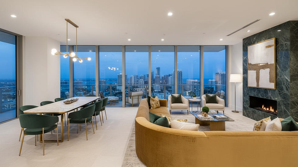 Wide angle view of luxury high-rise condo overlooking Miami skyline