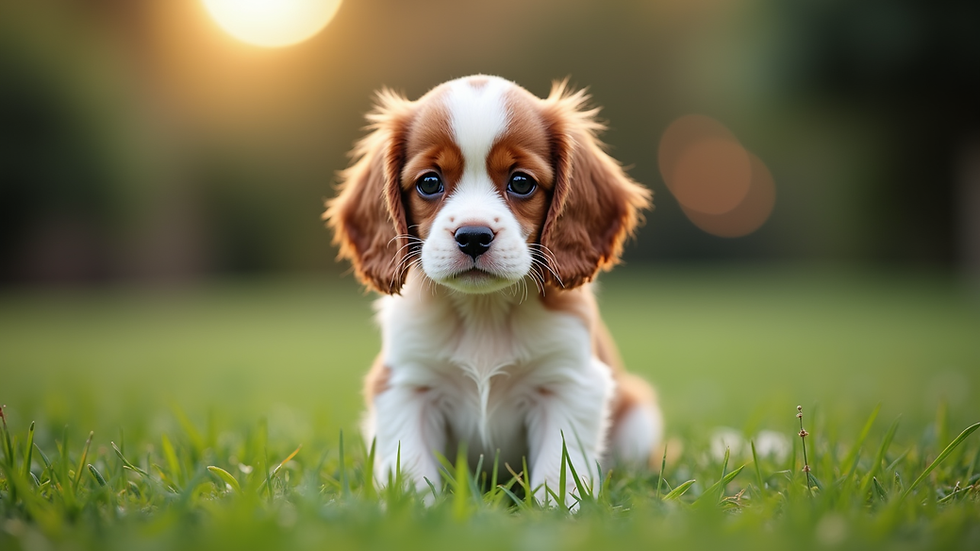 Eye-level view of a Cavalier King Charles Spaniel puppy sitting on a grassy lawn