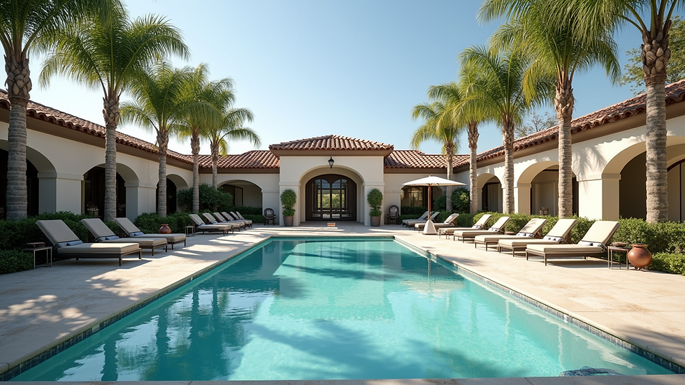 Wide angle view of a luxury community clubhouse with a pool and palm trees