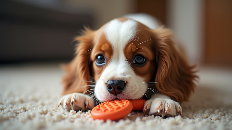 Close-up view of a Cavalier King Charles Spaniel puppy playing with a chew toy indoors