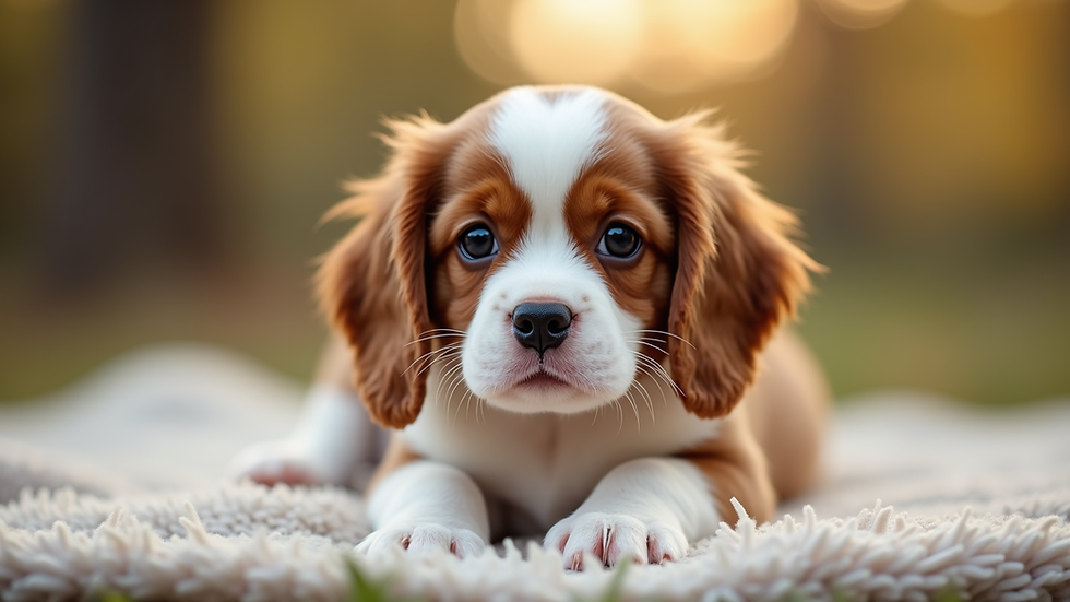 Eye-level view of a Cavalier King Charles Spaniel puppy sitting on a soft blanket