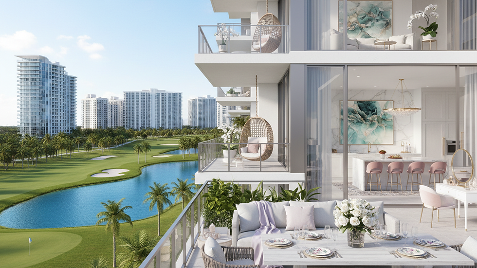 Wide angle view of Aventura golf course with luxury condos in the background