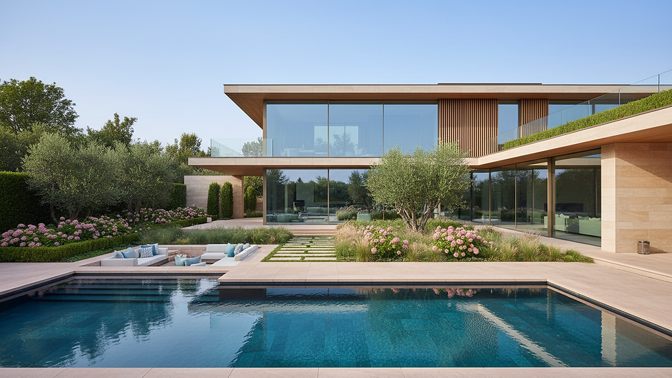 Wide angle view of luxury home exterior with modern architecture and lush landscaping