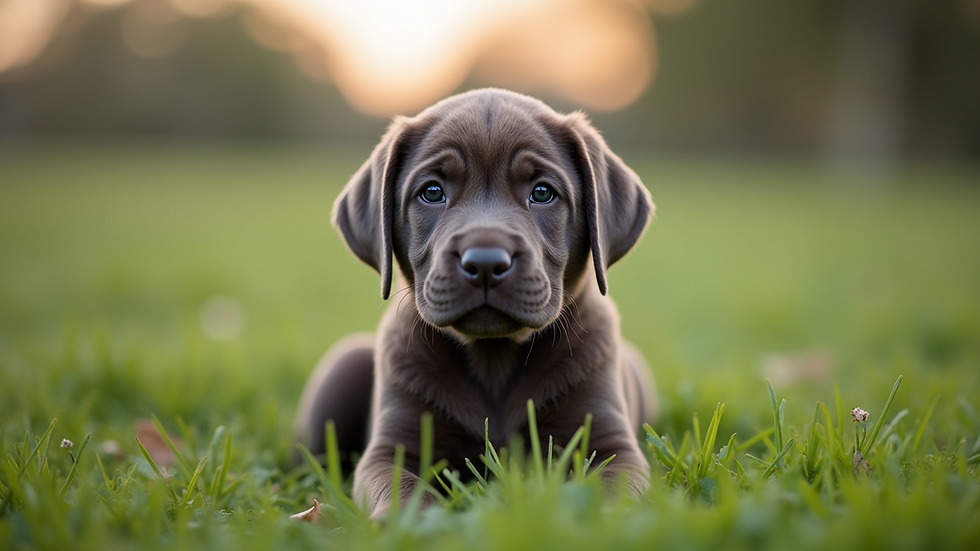 Eye-level view of a Neapolitan Mastiff puppy sitting on a grassy field