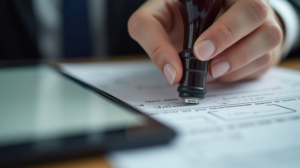 Close-up view of a notary stamp and a digital signature pad