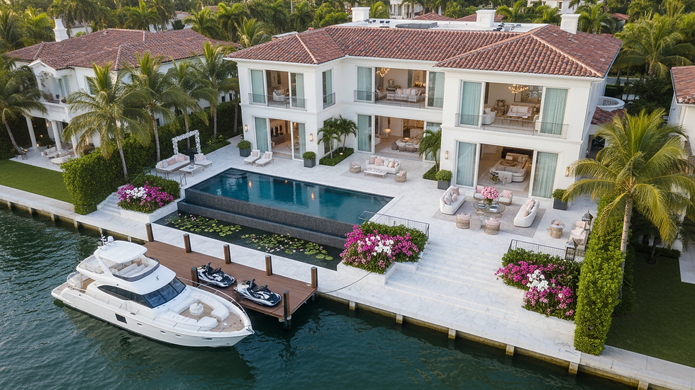 High angle view of a luxury waterfront estate with a private dock