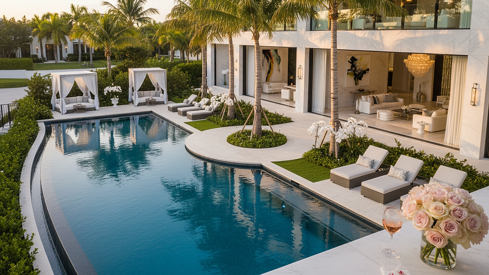 High angle view of a luxury pool and garden in a Fort Lauderdale estate