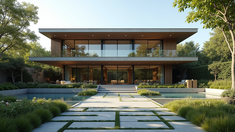 Wide angle view of a modern luxury home with a landscaped garden
