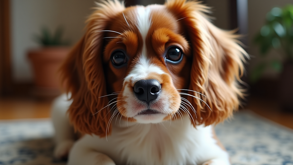 Eye-level view of a Ruby Cavalier King Charles Spaniel with a glossy red coat
