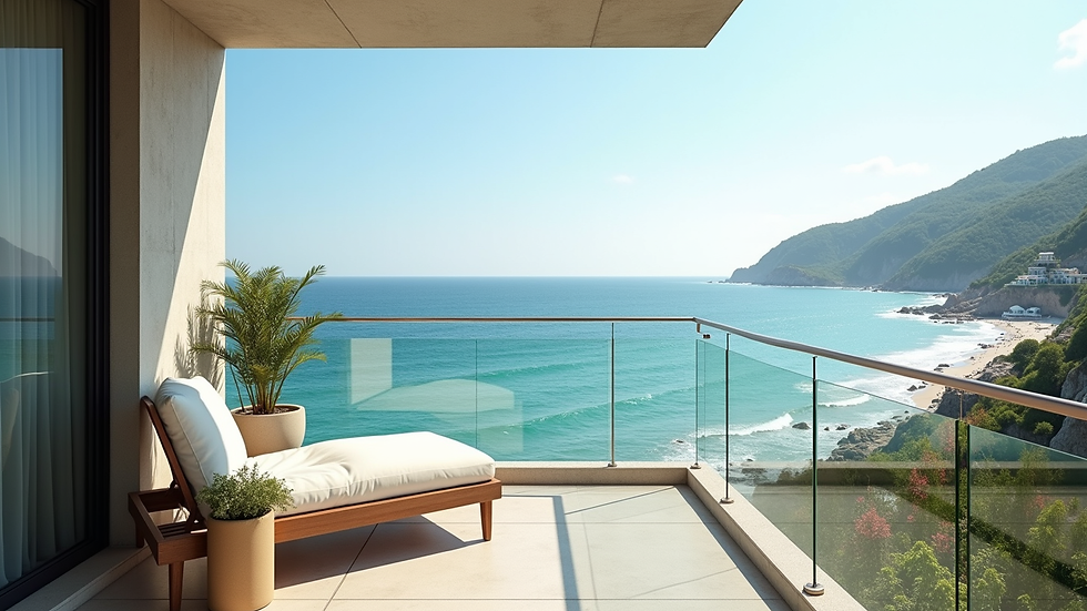Eye-level view of luxury waterfront condo balcony overlooking the ocean