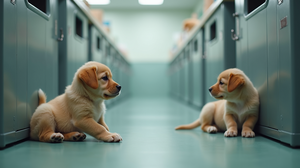 Close-up view of a clean and cozy puppy area in a breeding facility