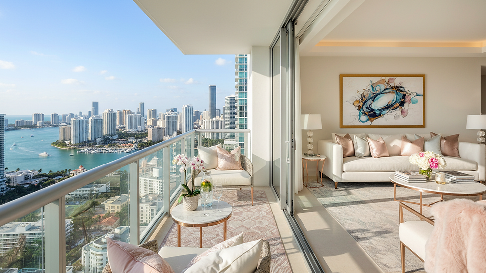 High angle view of modern luxury condo balcony overlooking city skyline