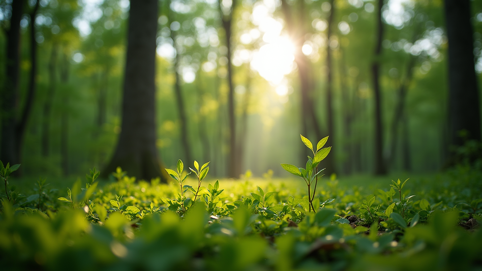 Eye-level view of a lush green forest with sunlight filtering through the leaves