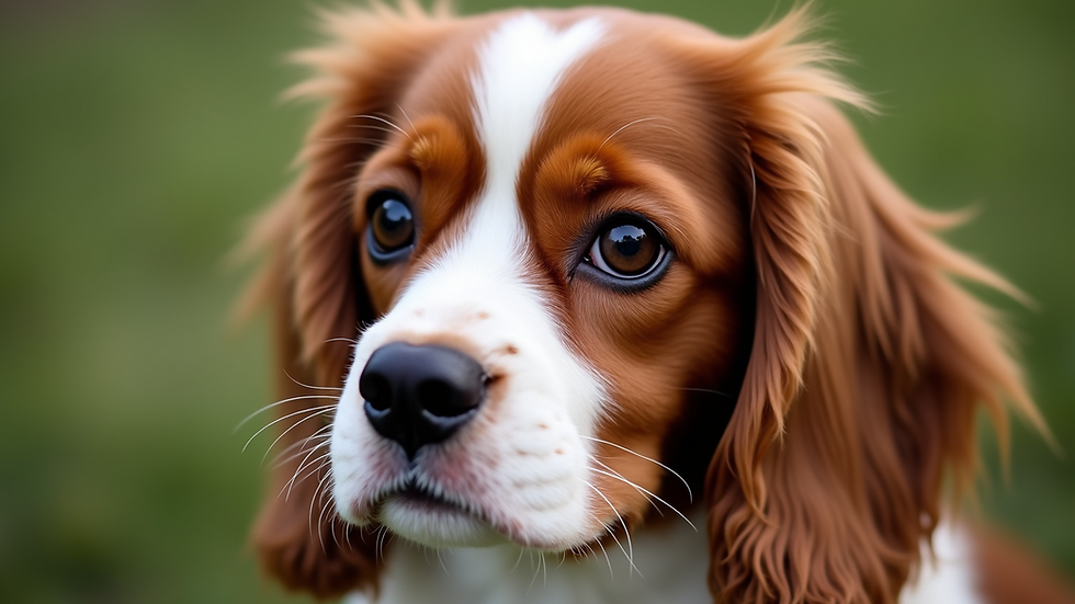 Close-up view of a Blenheim Cavalier King Charles Spaniel's face showing its distinctive chestnut and white coat