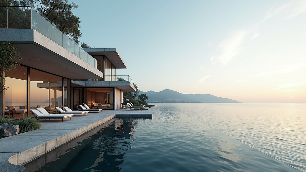 Eye-level view of a luxury waterfront home with modern architecture