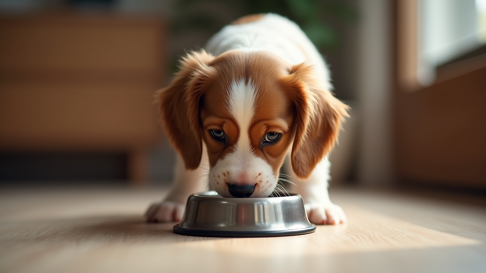 Close-up view of a Cavalier King Charles Spaniel puppy eating from a bowl in a cozy home setting