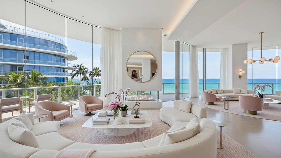 Wide angle view of modern luxury living room with ocean view