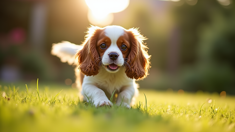Close-up view of a Cavalier King Charles Spaniel playing in a sunny garden