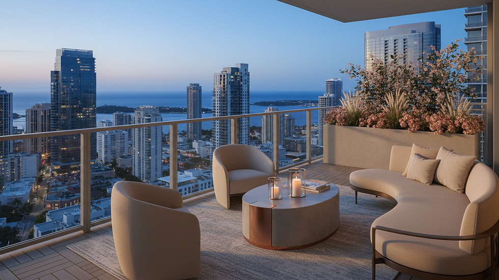 High angle view of a luxury condominium balcony overlooking the city skyline