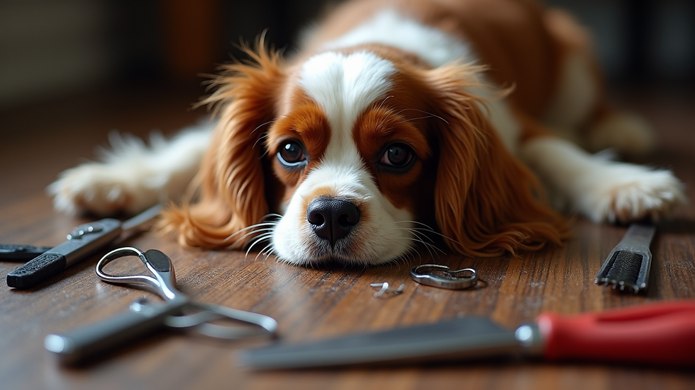 High angle view of grooming tools laid out for a Cavalier King Charles Spaniel
