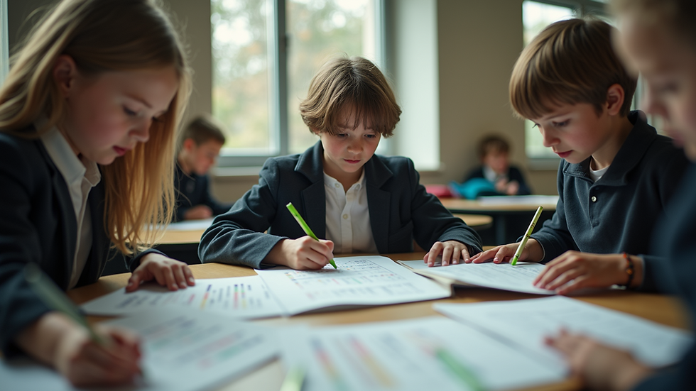 Eye-level view of students engaging with Irish language materials