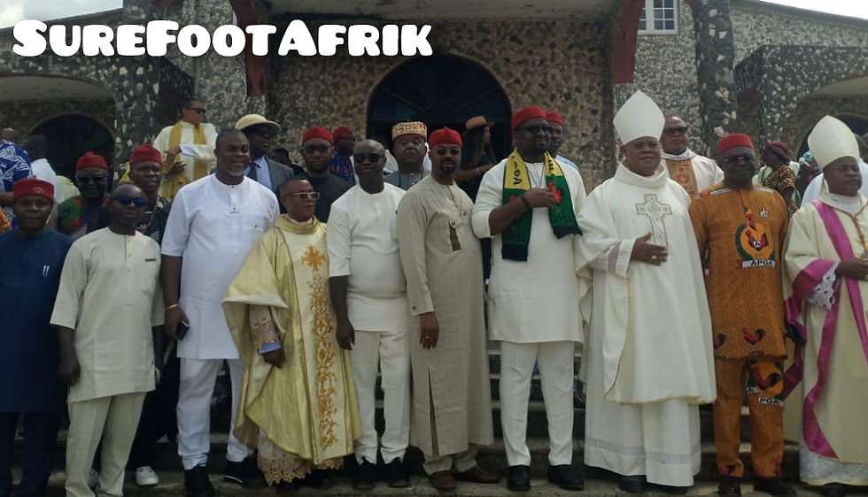 Senator Nwachukwu between the two Bishops after the Thanksgiving Mass at St Mary's Church, Ukpor