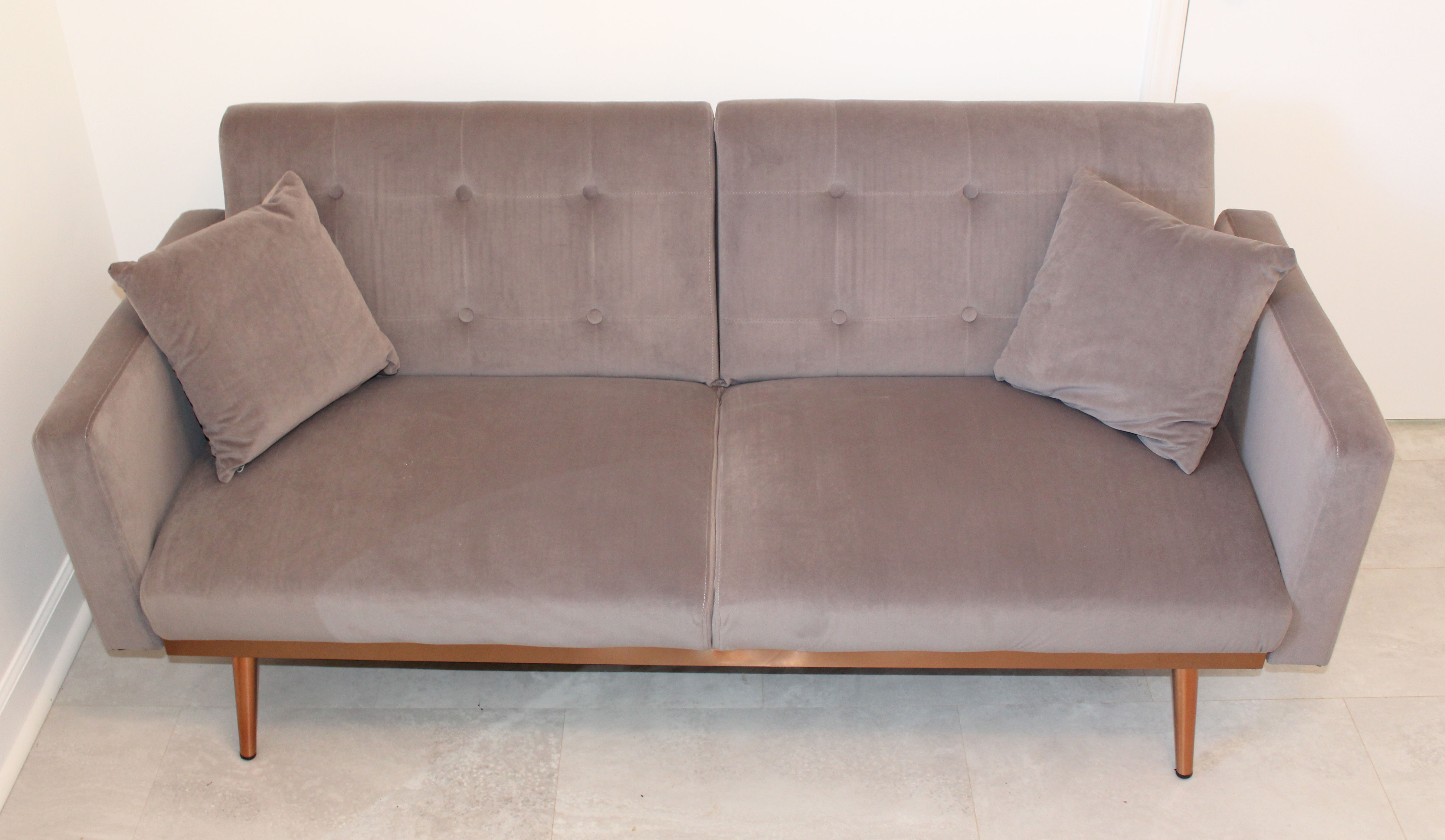 Grey Velvet Couch with Rose Gold Accents