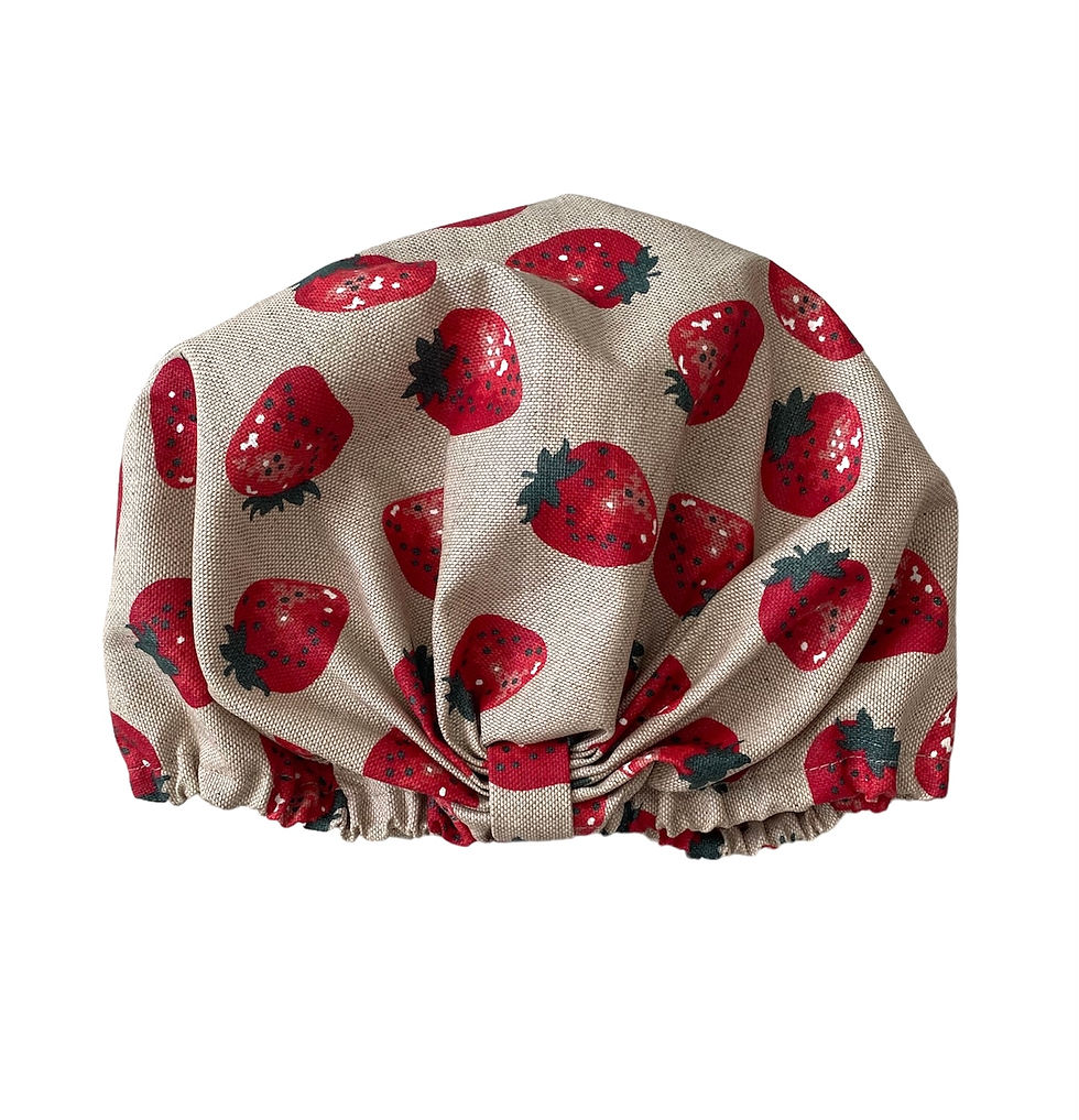 Thumbnail: Photo of a water-resistant shower cap made from natural linen, designed to be both waterproof and sustainable. The cap features a sleek, eco-friendly design with a secure fit, perfect for protecting hair during a shower.