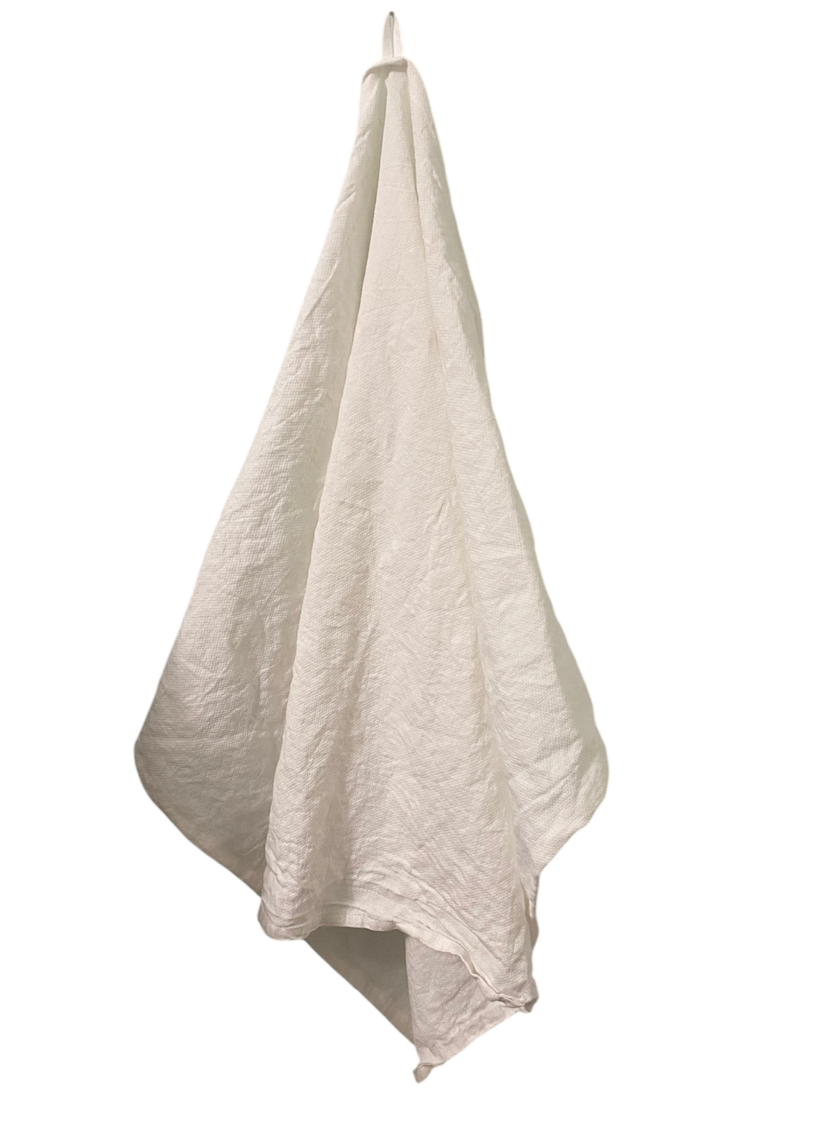Photo of a white linen bath towel with natural linen accents. The towel features a soft, textured weave, combining crisp white with earthy, natural tones for a clean and sustainable look.