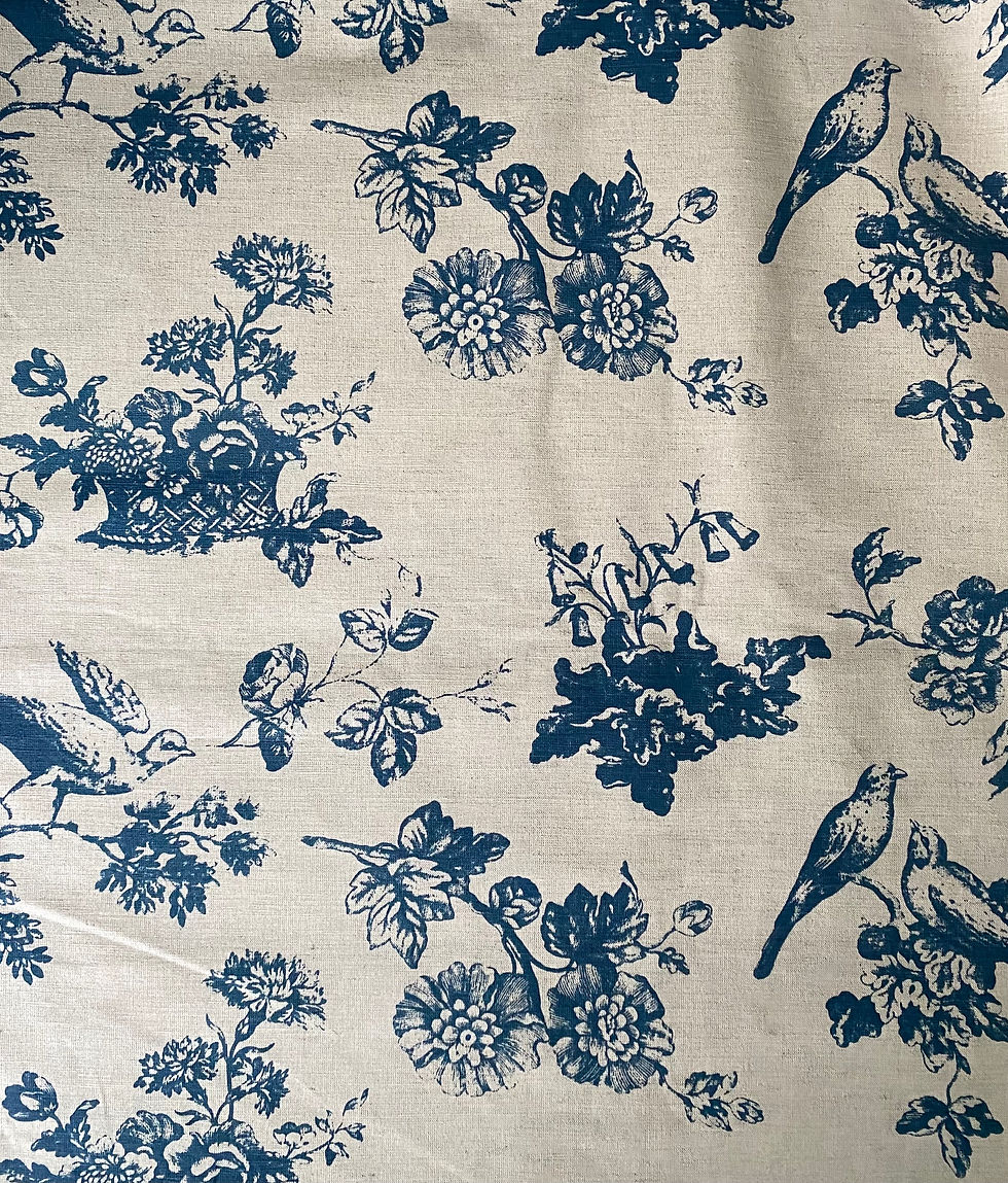 Thumbnail: Photo of a Blue Birds versatile waterproof linen apron. The apron features a charming bird print on durable linen fabric with a waterproof coating, combining functionality with a stylish, nature-inspired design.