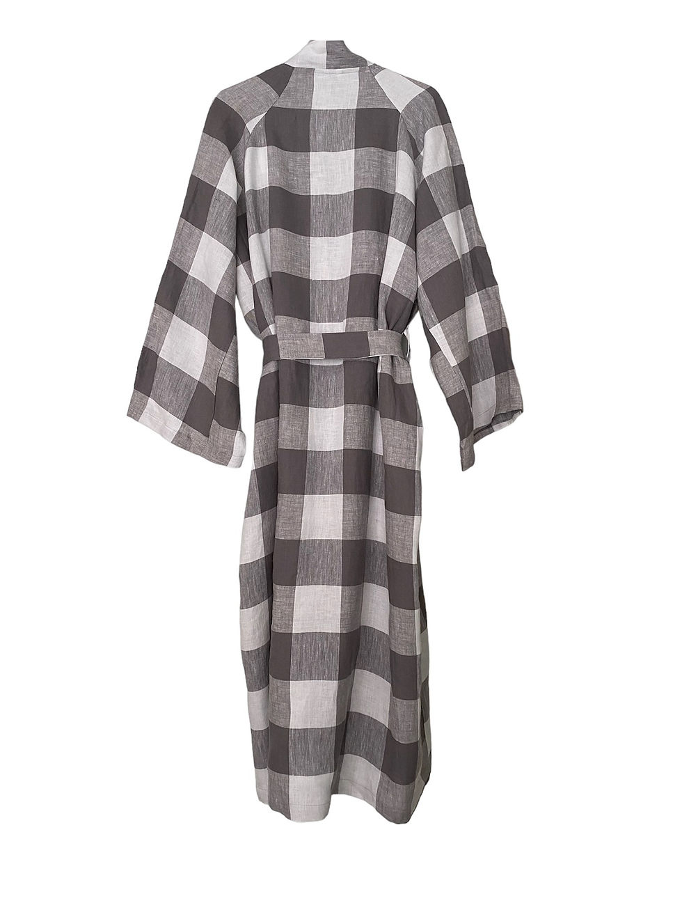 Photo of a grey checkered soft pure linen bathrobe. The robe features a comfortable, breathable linen fabric with a classic checkered pattern, offering a relaxed and stylish look for lounging at home.