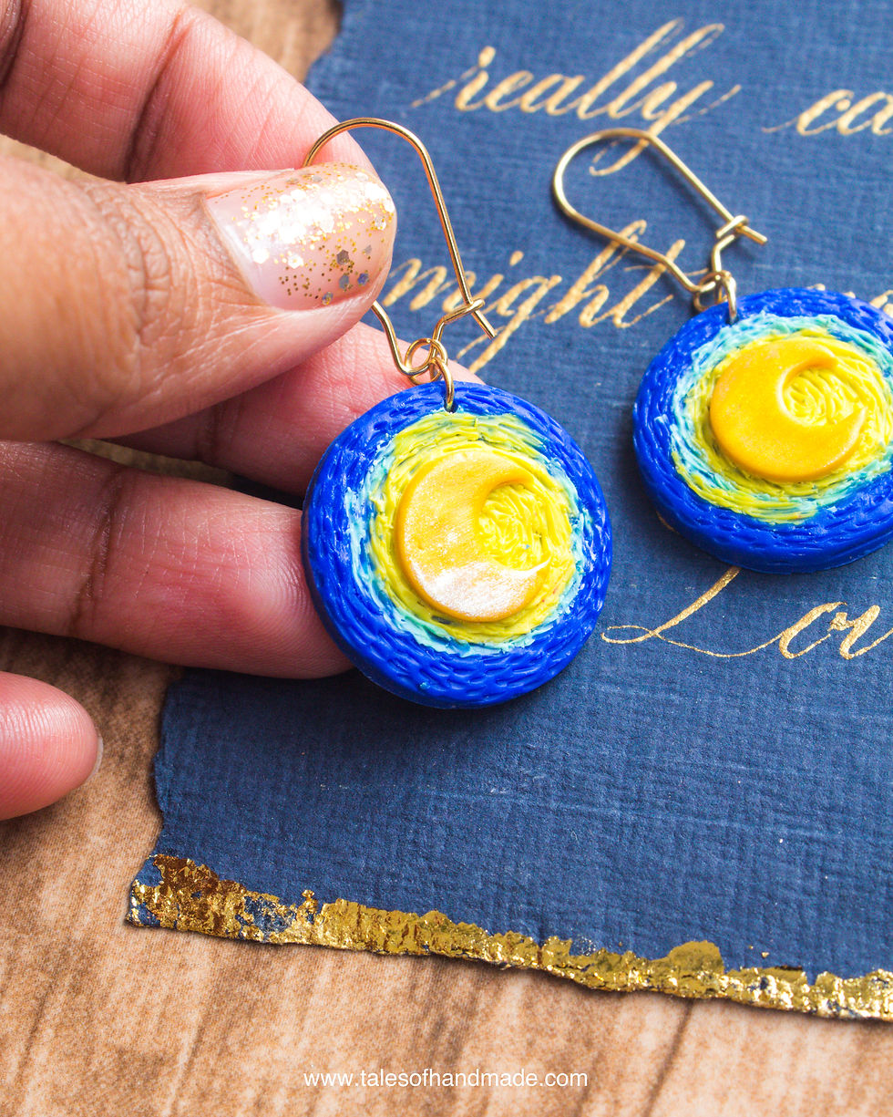 Thumbnail: Handmade Van Gogh Starry Night Moon earrings with textured details, inspired by the Starry Night painting.