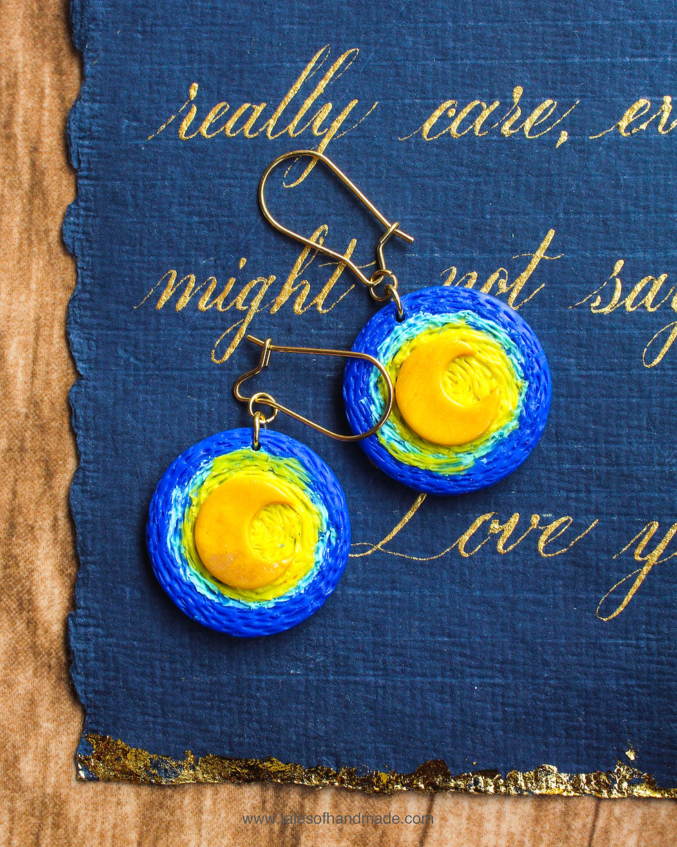 Thumbnail: Handmade Van Gogh Starry Night Moon earrings with textured details, inspired by the Starry Night painting.