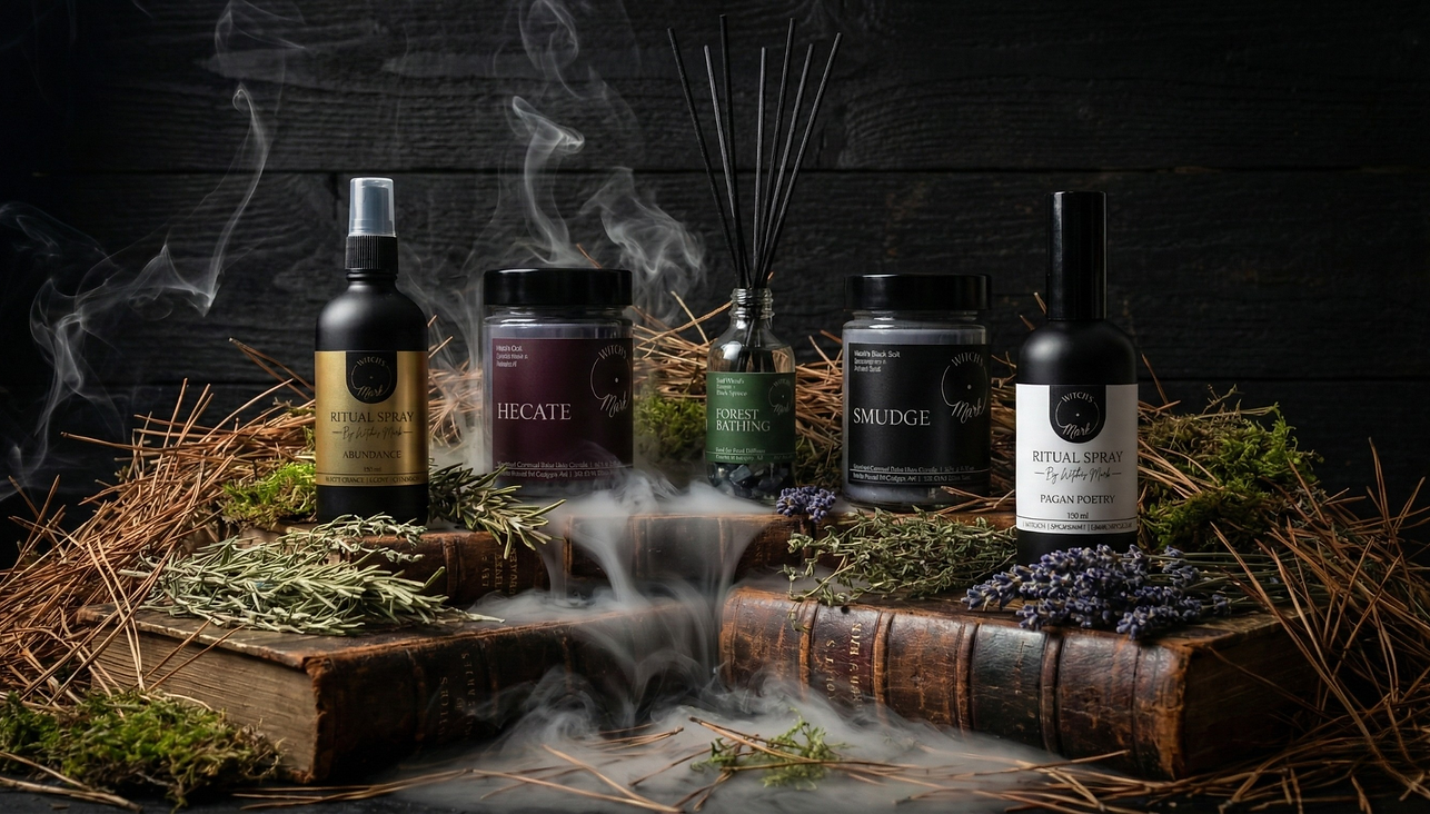 Crystal candles, spell jar reed diffuser and ritual sprays on antique books