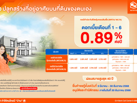 ใครอยากมีบ้านมาทางนี้! ธอส. จัดทำสินเชื่อปลูกสร้างที่อยู่อาศัยบนที่ดินของตนเอง อัตราดอกเบี้ย 6 เดือนแรกเพียง 0.89% ต่อปี ผ่อนปีแรกเริ่มต้นเดือนละ 2,500 บาท เท่านั้น