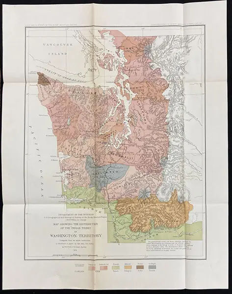 A photograph of a now antique chart showcasing the distribution of Indigenous tribes in Alaska, then referred to as Washington Territory. Credit to the Linda Hall Library.