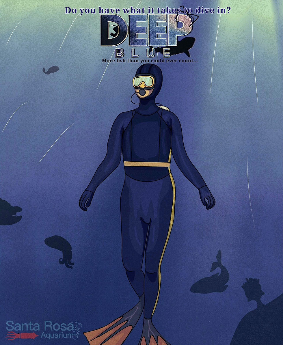 A non-official piece of fan-art showcasing a diver in the Deep Blue Exhibit in the world of Santa Rosa Aquarium. The oceanic analog horror series has built a loyal fanbase, with numerous pieces of fan-art such as this. Credit to The Nice Octopus.