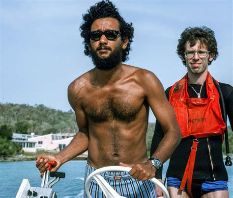 A statuesque photograph of Robert K. Trench on the water in Discovery Bay with Dave Wethey. Credit to William Sacco.