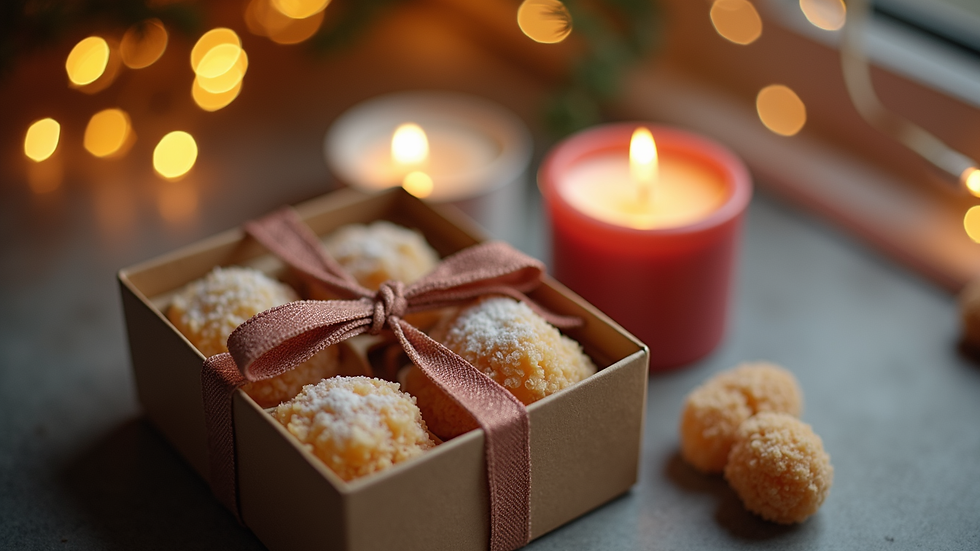 Eye-level view of a gift box with freeze-dried treats and candles