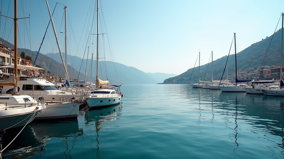 Eye-level view of Marmaris marina with boats docked and calm sea