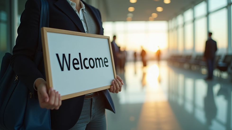 Close-up view of a driver holding a welcome sign at an airport arrival hall